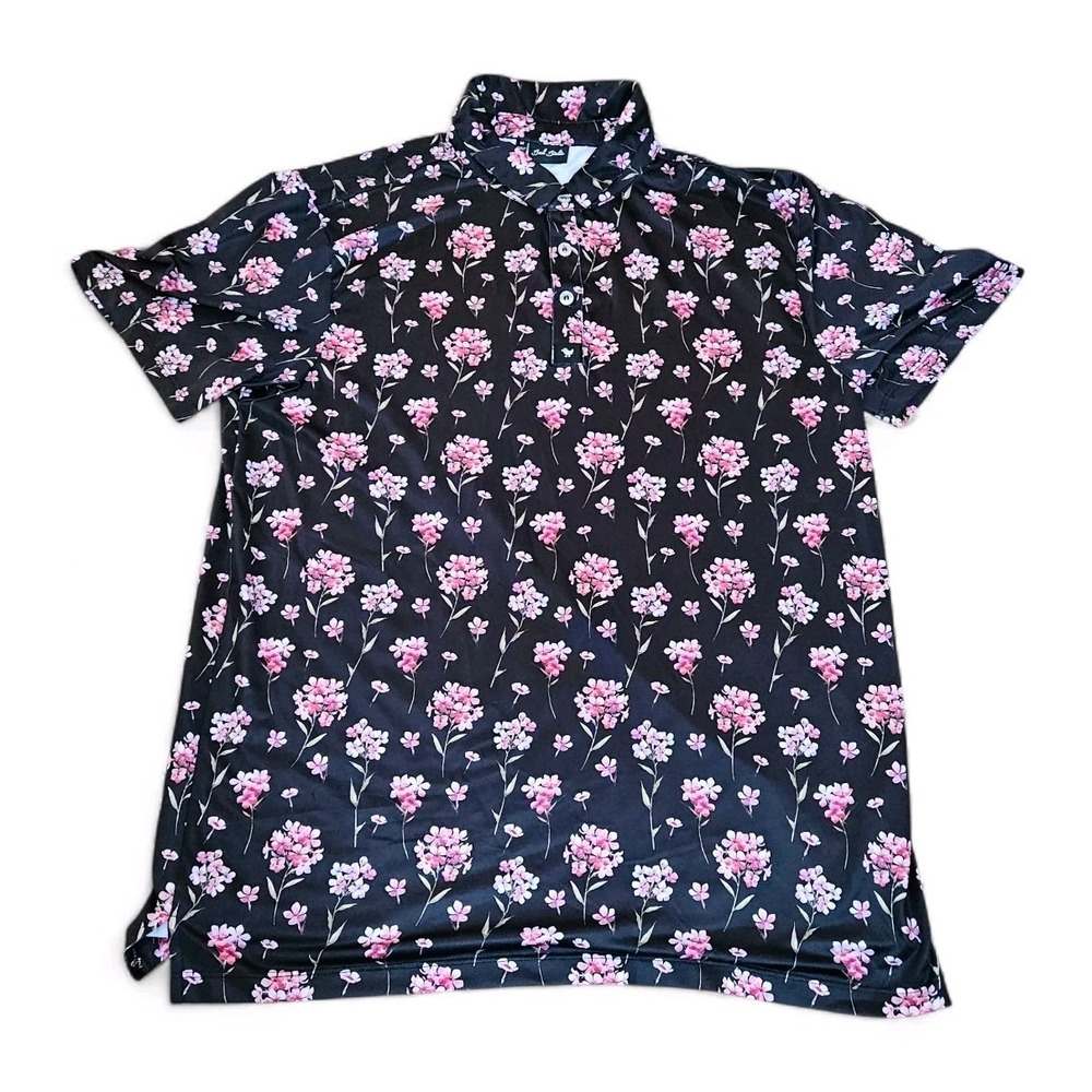 Bad Birdie Polo Shirt Men's Size M Black Pink Floral Golf Stretch Flowers Collar